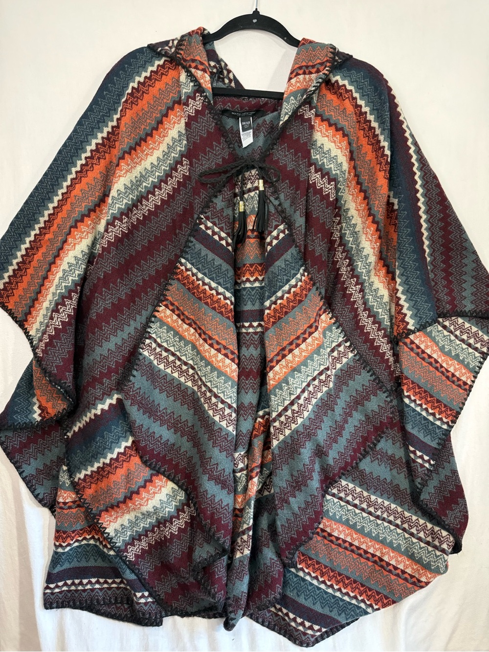 Marc New York Striped Tassel Hooded Knit Poncho Cape - Multicolor One Size